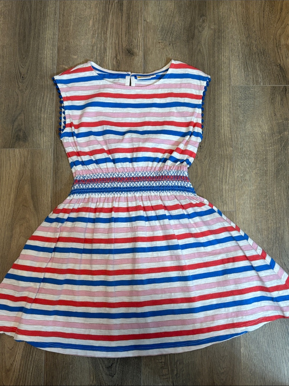 Mini Boden Striped Dress with Pom Trim in Red, Blue, and White